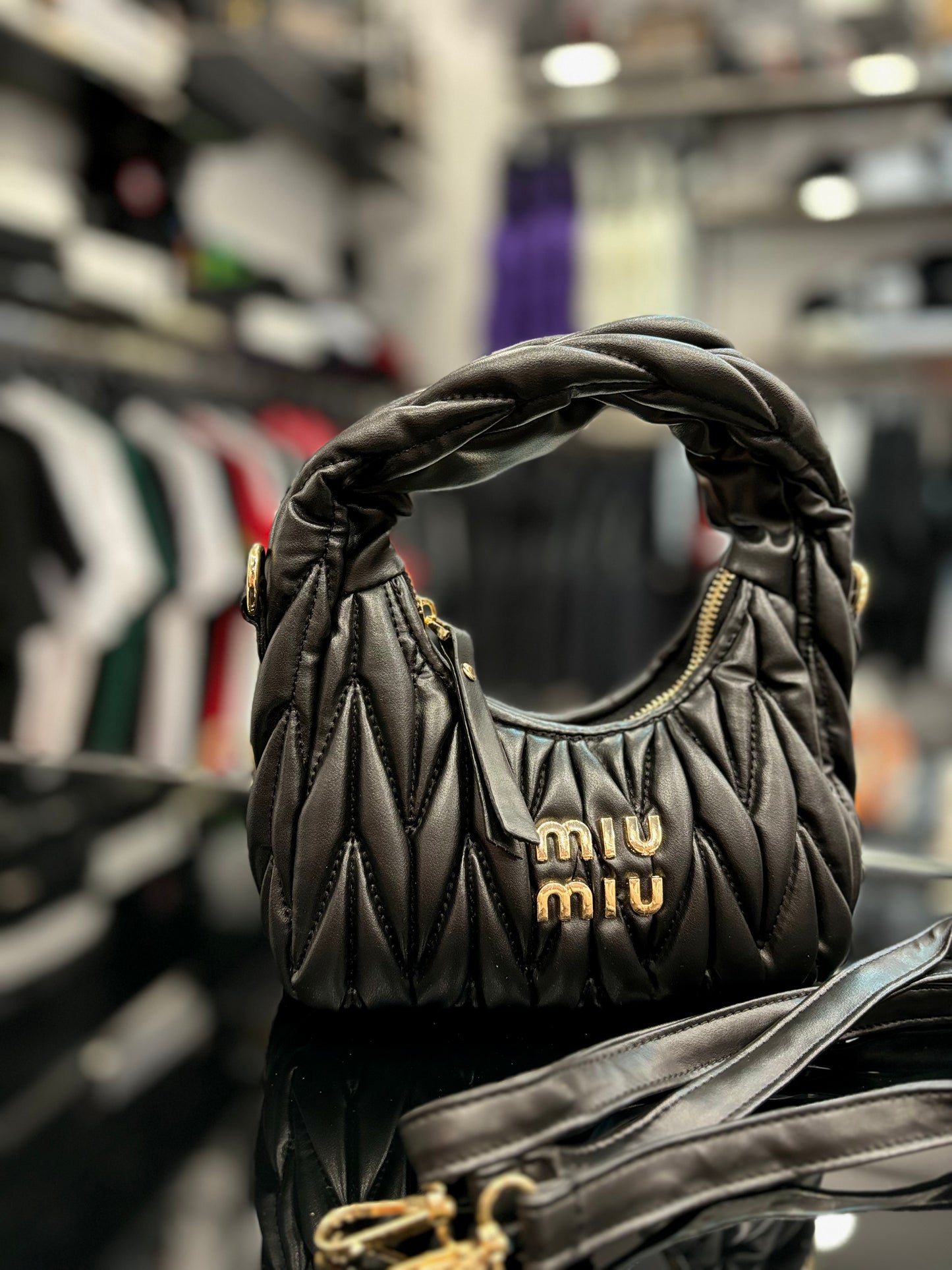 Miu miu wander matelassé nappa leather black hobo bag